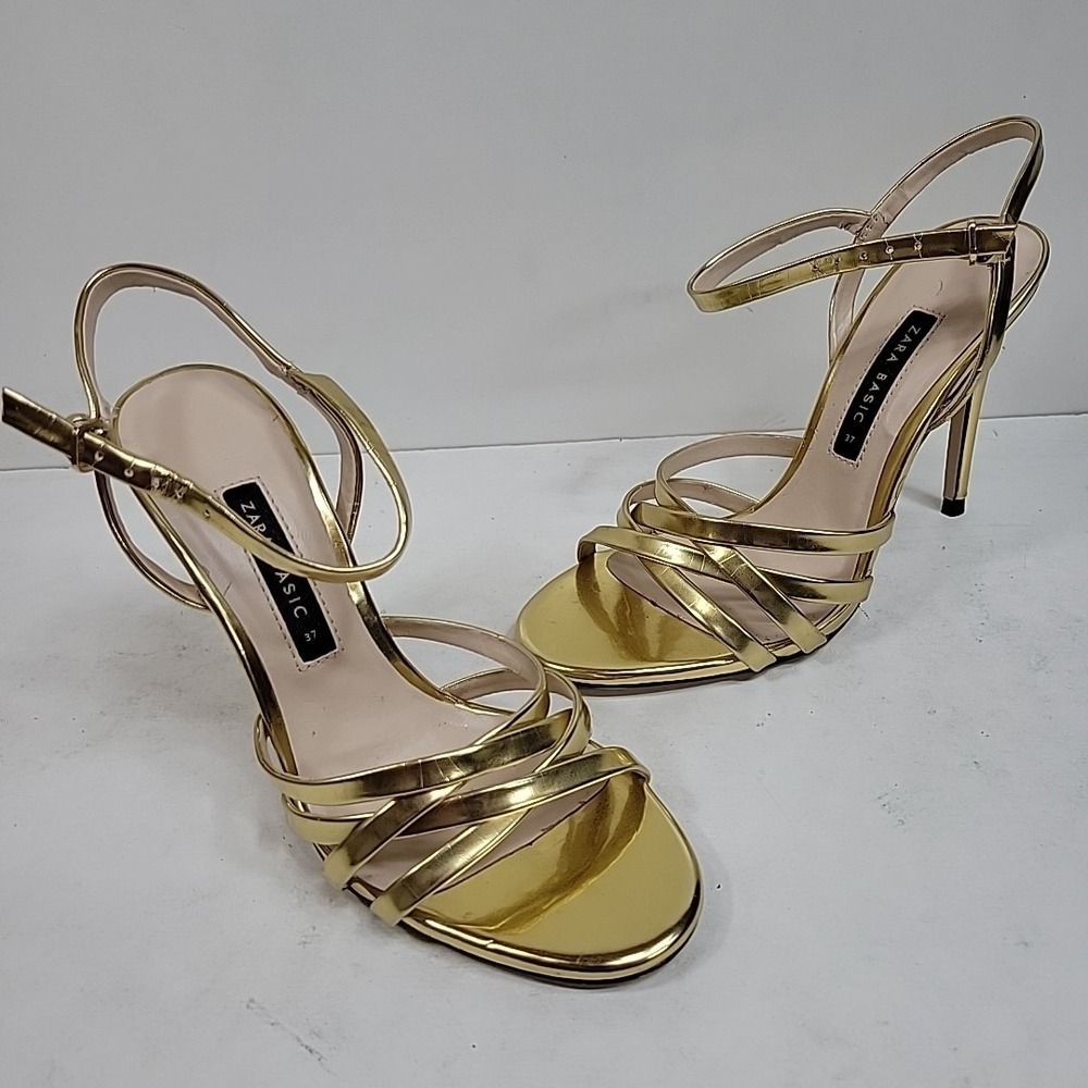Zara Basic Womens 7 Gold Strappy Heels Metallic Ankle Strap Dress Sandals